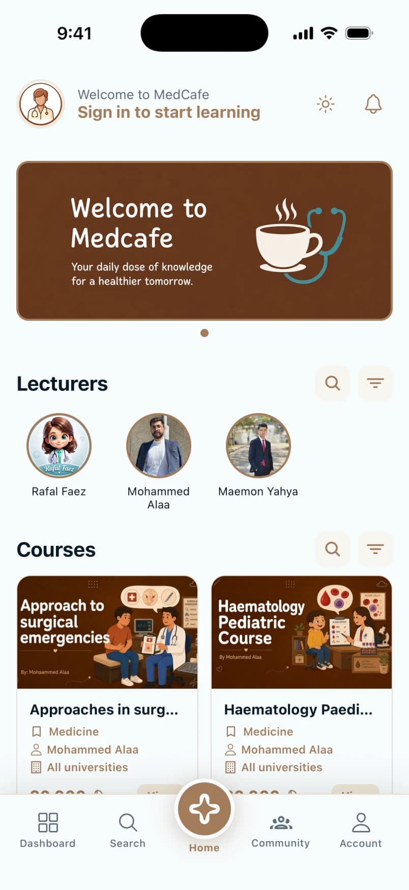 The MedCafe app home screen: lecturers and courses